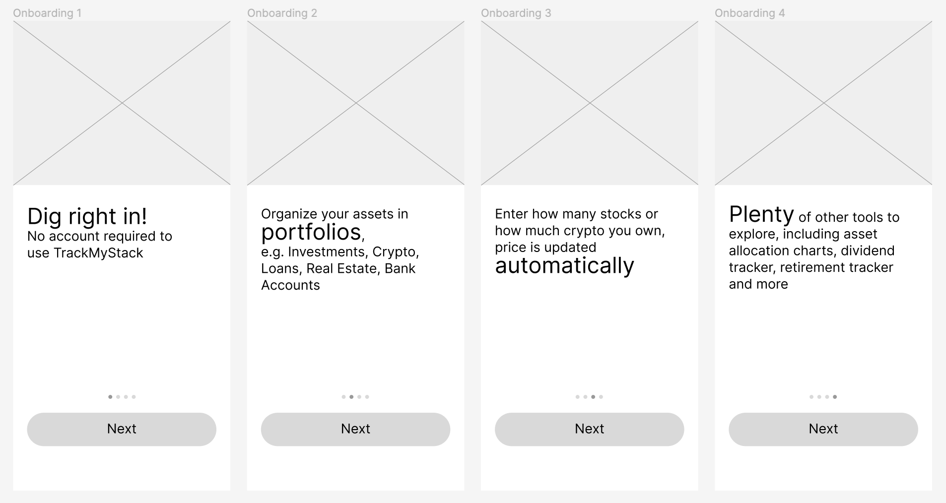An image depicting several lo-fi mockups of the onboarding flow
