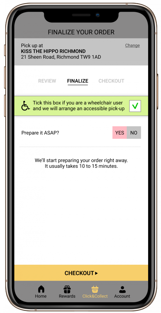 A lo-fi mockup of the part of the order flow. The user can check a box if they are a wheelchair user and an accessible pickup will be arranged.