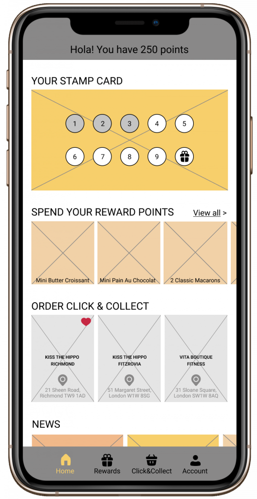 A lo-fi mockup of the home screen of the coffee shop mobile app