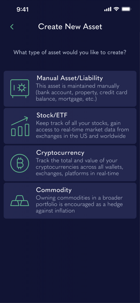 A screenshot of the new asset creation page where a user can choose the type of the asset: manual, stock, crypto, or commodity