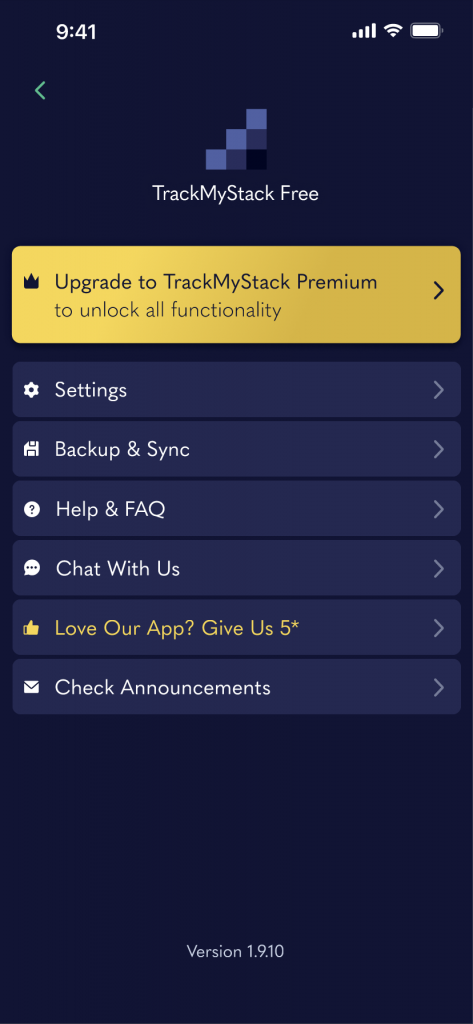 A screenshot of flyout account menu, including settings, backup, FAQ, Announcements and an option to upgrade to Track My Stack Premium