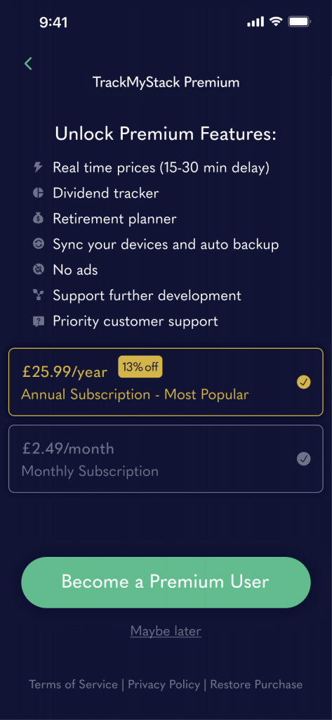 A screenshot showing Track My Stack Premium features and choice between yearly and monthly subscription