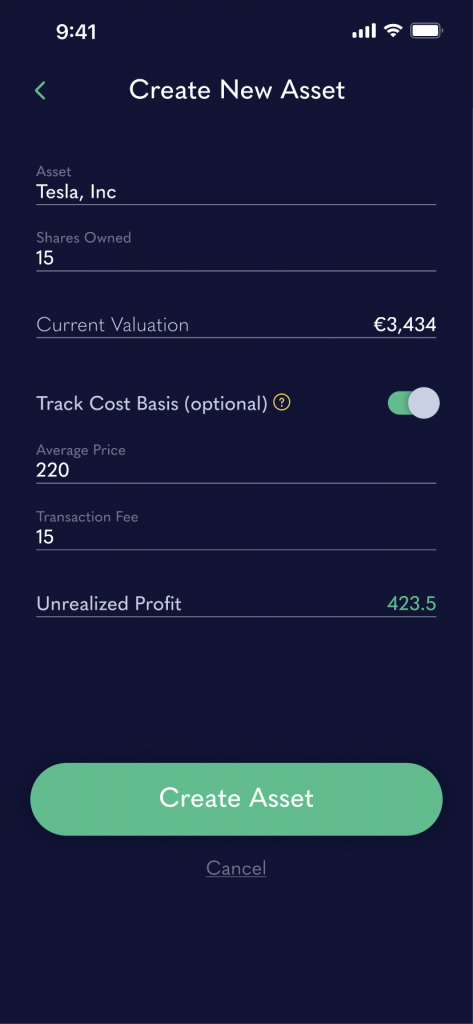 A screenshot of a Creating a new asset page in the Track My Stack app