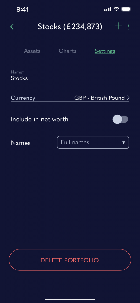 A screenshot of the Stocks portfolio page settings in Track My Stack app