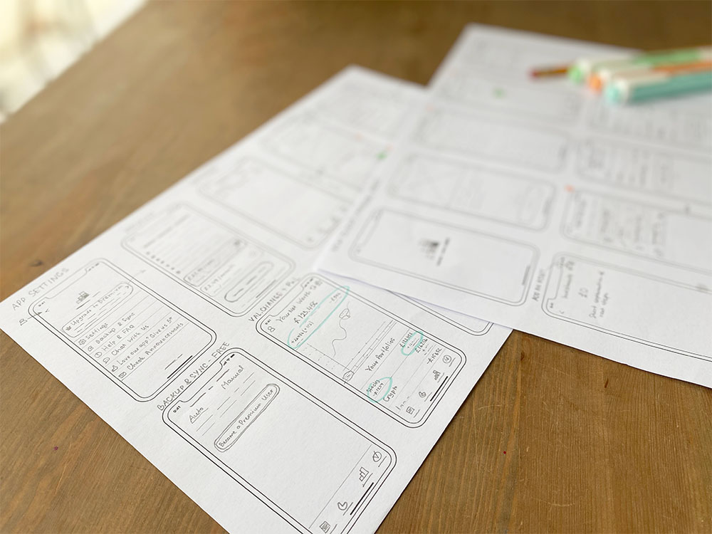 A photo of paper wireframes with the new user flow that I created