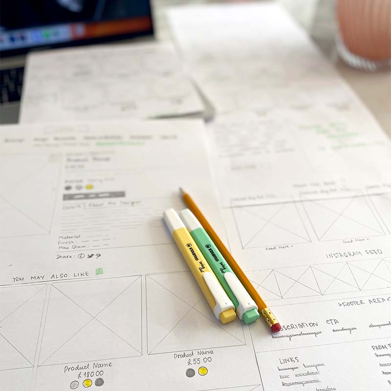 A photo of several paper wireframes and pens and pencils laid out on the desk