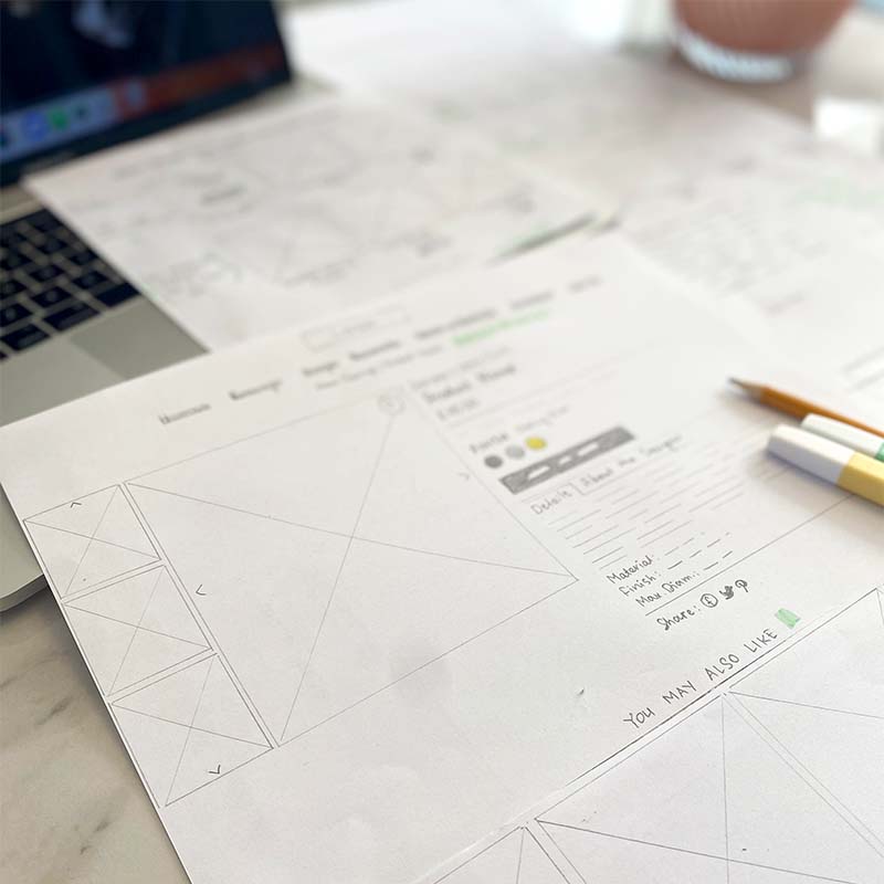 A photo of a Product page paper wireframe