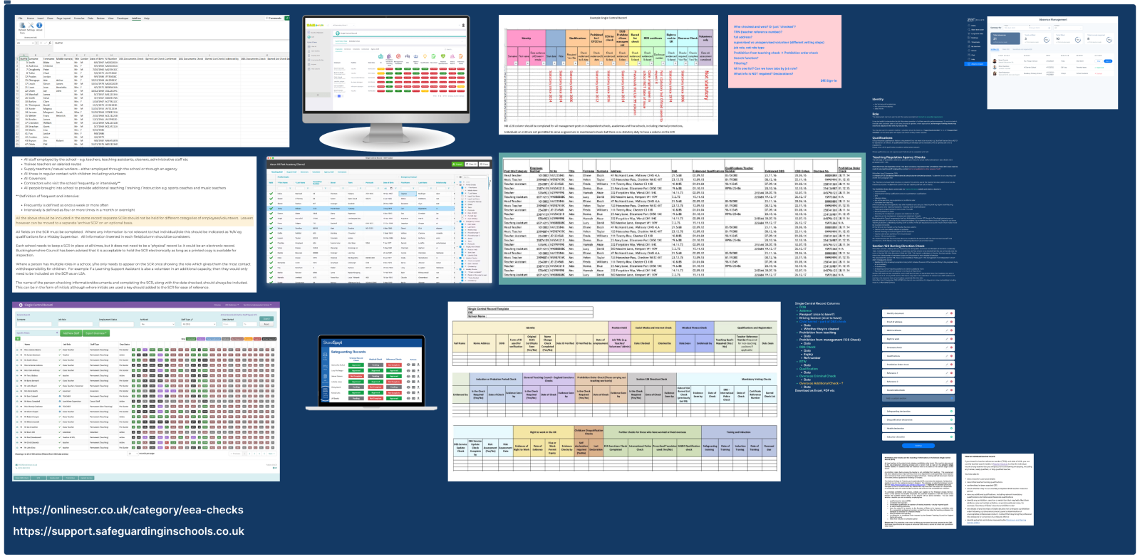 Multiple screenshots depicting my initial research into Single Central Record keeping