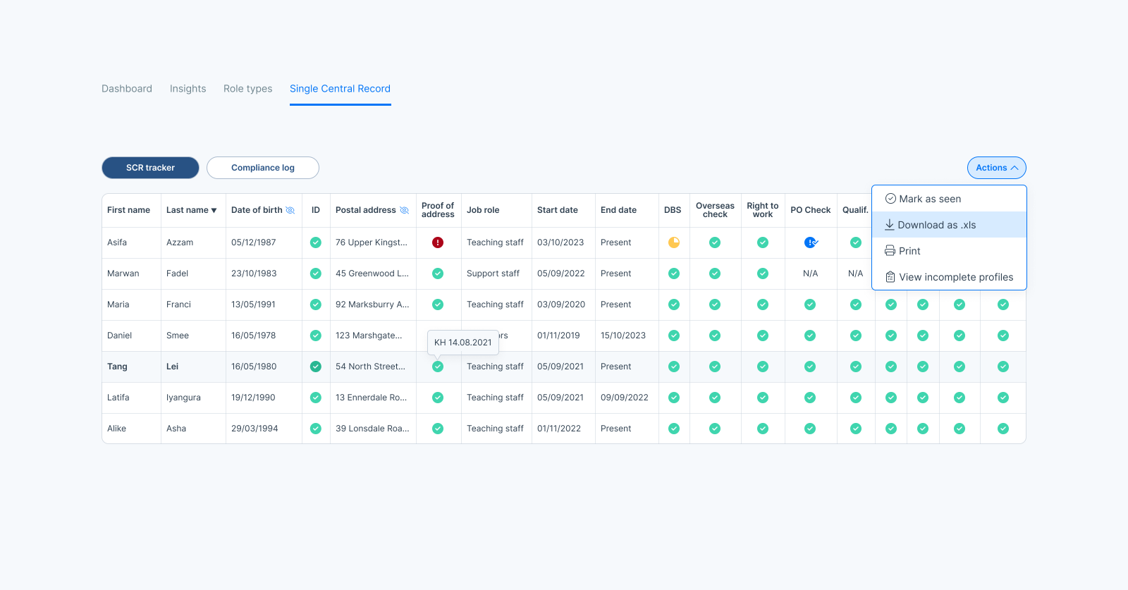 Screenshot of the Single Central Record - the most important part of the platform that keeps the schools compliant.