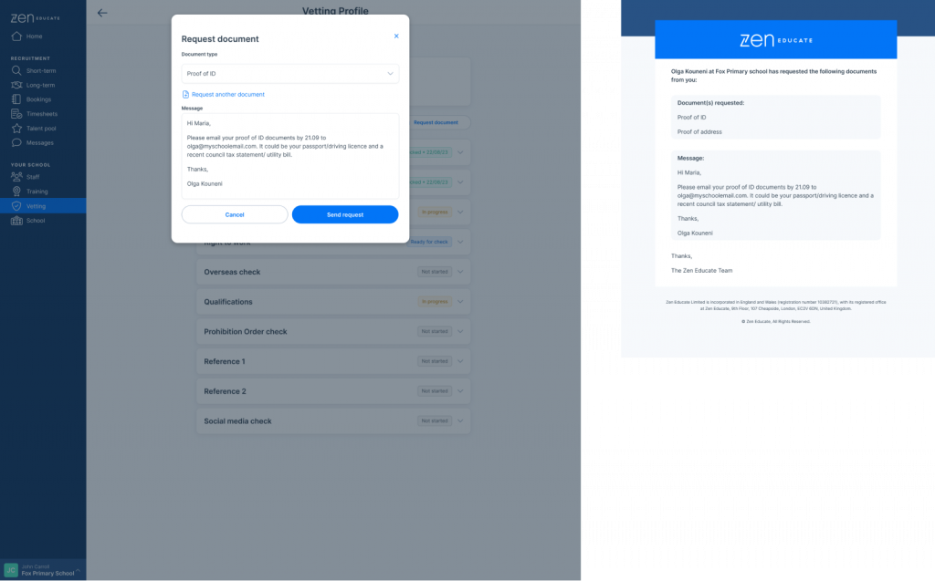 Screenshot of document request modal and a document request email that a teacher would receive