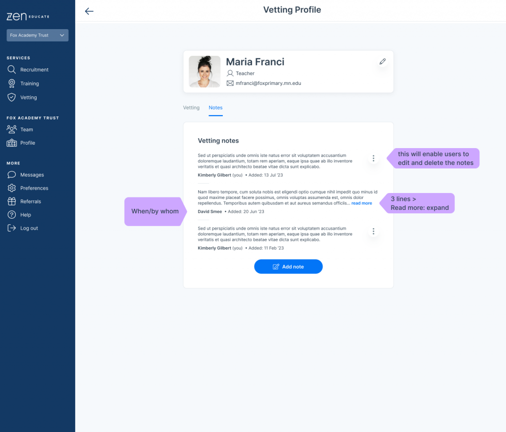 A screenshot of vetting notes within the user profile. The notes can be edited or deleted.