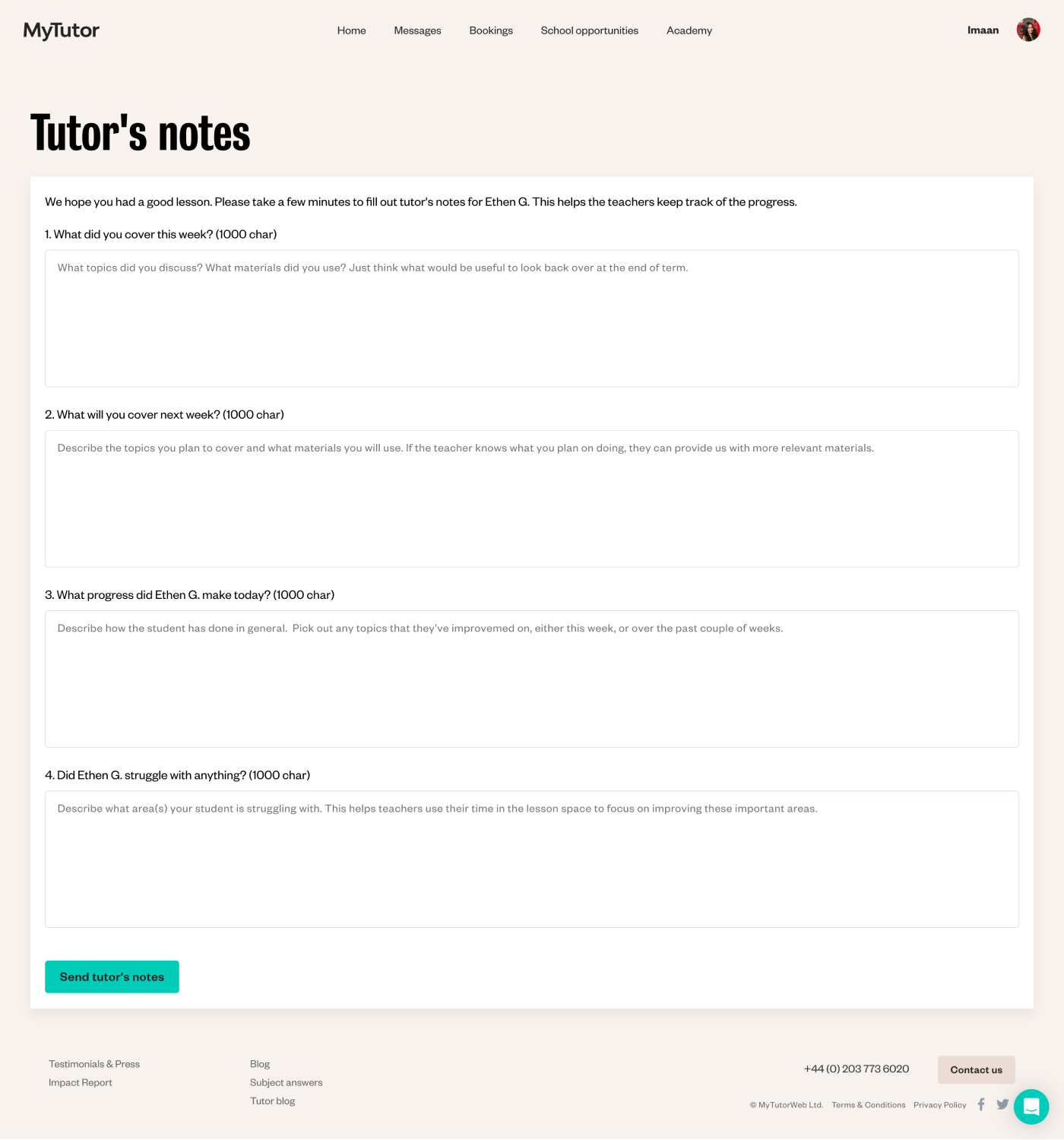 An image of Tutor's notes - the "before" version that uses a free text format and doesn't collect any valuable information.